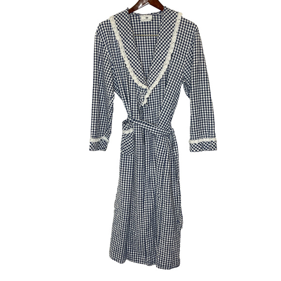 Women's Small Eileen West Blue Gingham Cotton Tie Front Robe Lounge - Picture 1 of 8